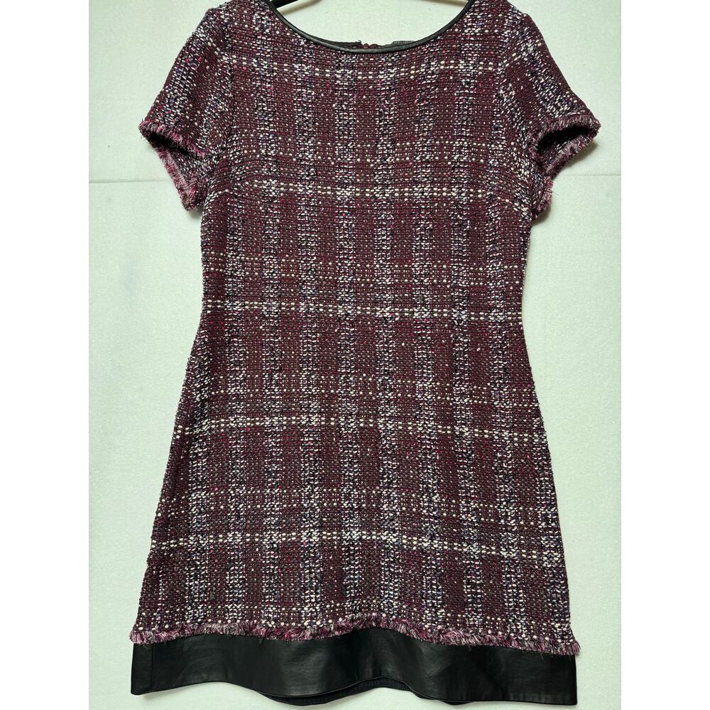 St. John plaid tweed fringe raw edge in burgundy with leather trim Size 16